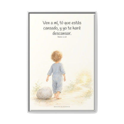 Ven a mí y yo te haré descansar — Lienzo Cristiano Enmarcado | Mateo 11:28 — 24×36 pulgadas, marco blanco, vista frontal