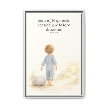 Ven a mí y yo te haré descansar — Lienzo Cristiano Enmarcado | Mateo 11:28 — 16×24 pulgadas, marco blanco, vista frontal