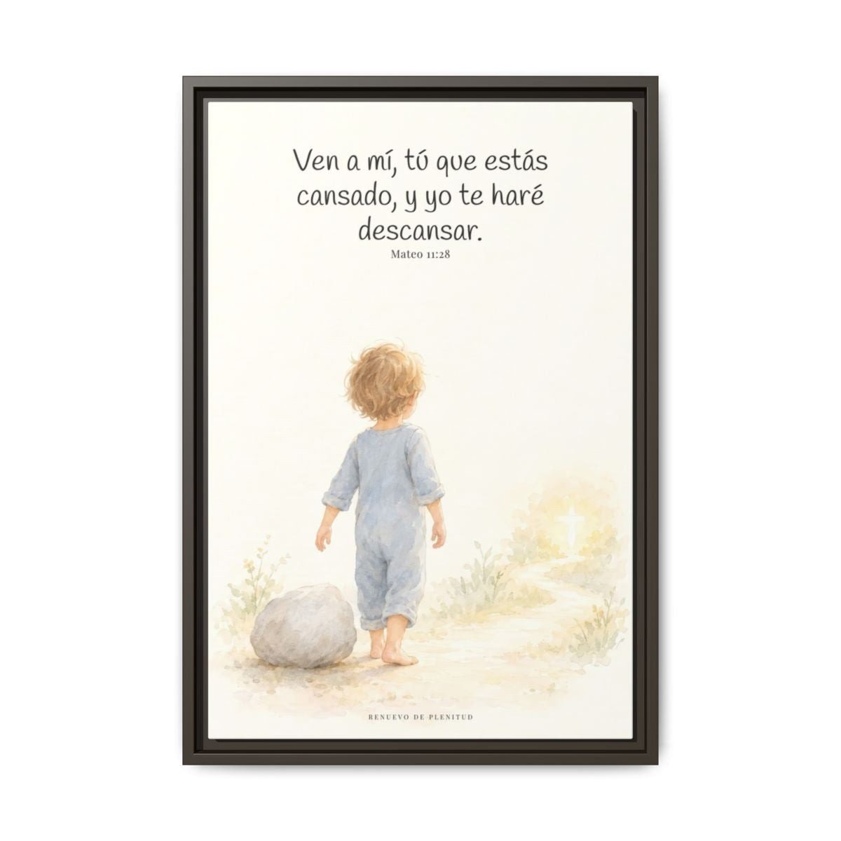 Ven a mí y yo te haré descansar — Lienzo Cristiano Enmarcado | Mateo 11:28 — 16×24 pulgadas, marco espresso, vista frontal
