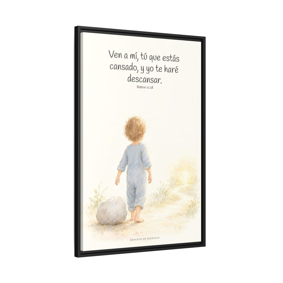 Ven a mí y yo te haré descansar — Lienzo Cristiano Enmarcado | Mateo 11:28 — 24×36 pulgadas, marco negro, vista lateral del marco flotante