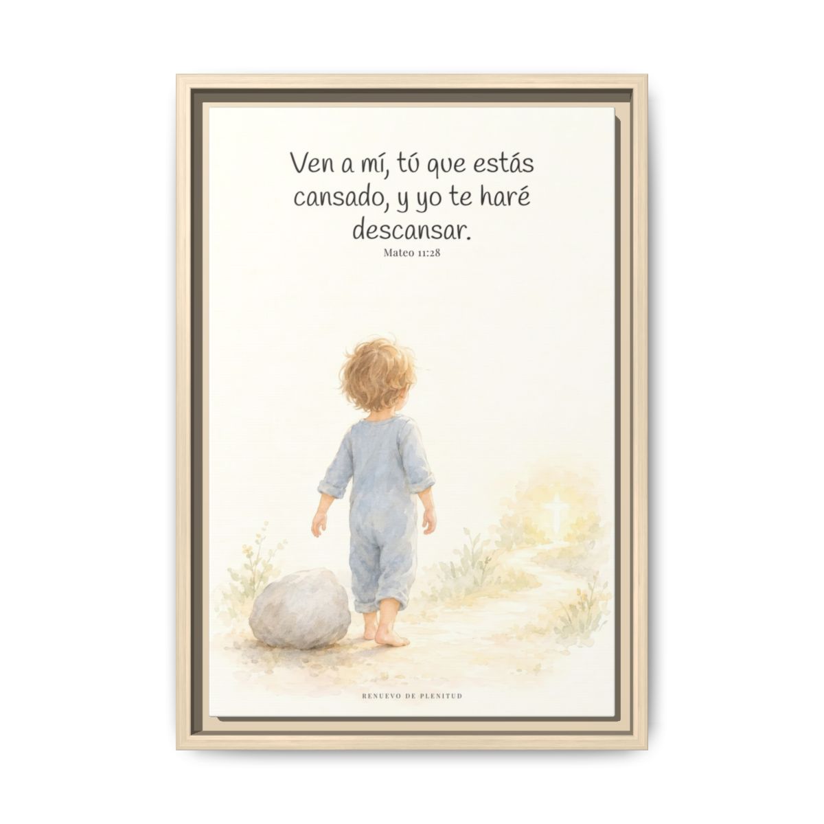 Ven a mí y yo te haré descansar — Lienzo Cristiano Enmarcado | Mateo 11:28 — 12×18 pulgadas, marco natural, vista frontal