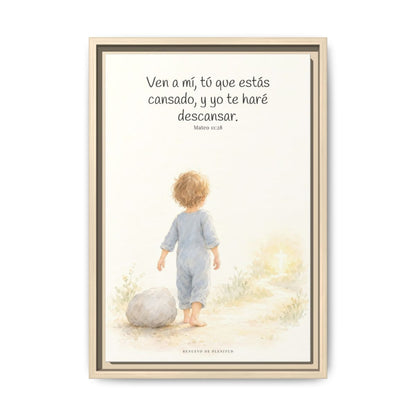 Ven a mí y yo te haré descansar — Lienzo Cristiano Enmarcado | Mateo 11:28 — 12×18 pulgadas, marco natural, vista frontal
