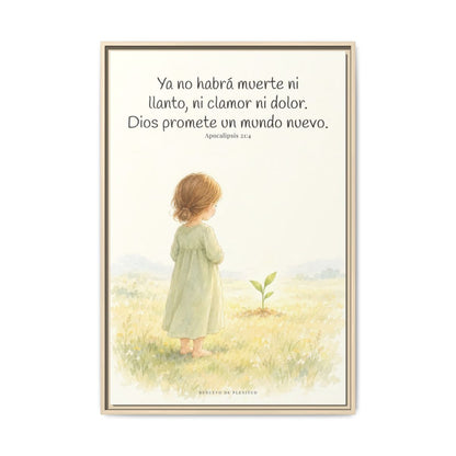 Ya no habrá muerte ni dolor — Lienzo Cristiano Enmarcado | Apocalipsis 21:4 — 24×36 pulgadas, marco natural, vista frontal