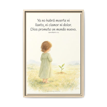 Ya no habrá muerte ni dolor — Lienzo Cristiano Enmarcado | Apocalipsis 21:4 — 16×24 pulgadas, marco natural, vista frontal